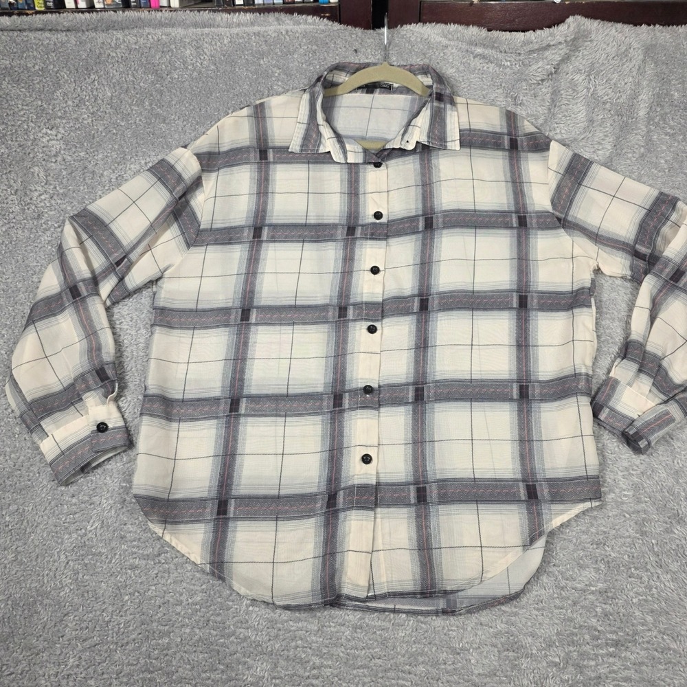 Dazy Plaid Button Down Shirt Women Medium Cream Grey Excellent Sheer Academic